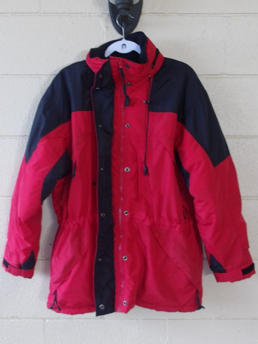 SJB Womens Red Black Hooded Parka Zip Pockets Drawstring Waist Adjustable Sleeve